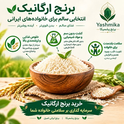گونی 10 کیلویی برنج ارگانیک، خرید برنج ارگانیک، برنج یشمیکا، برنج ایرانی اصیل — تصویر 1